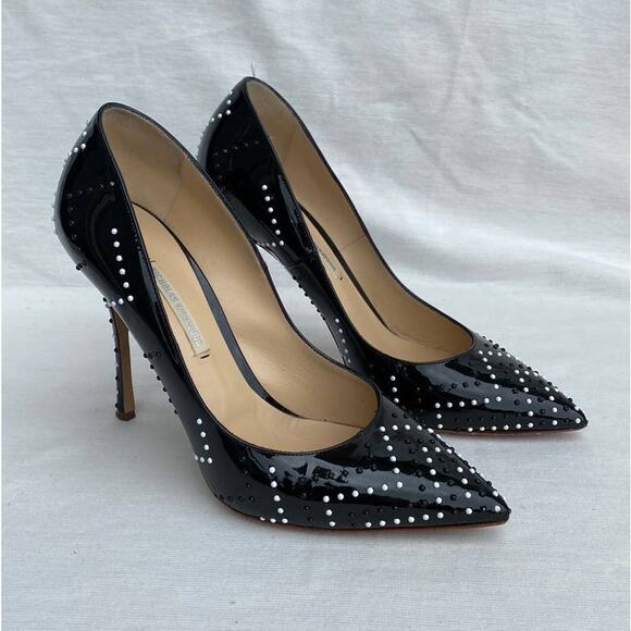 Nicholas Kirkwood Black Patent Leather Chevron Studded Pointed Toe Pump 37/US 7 - Picture 3 of 15